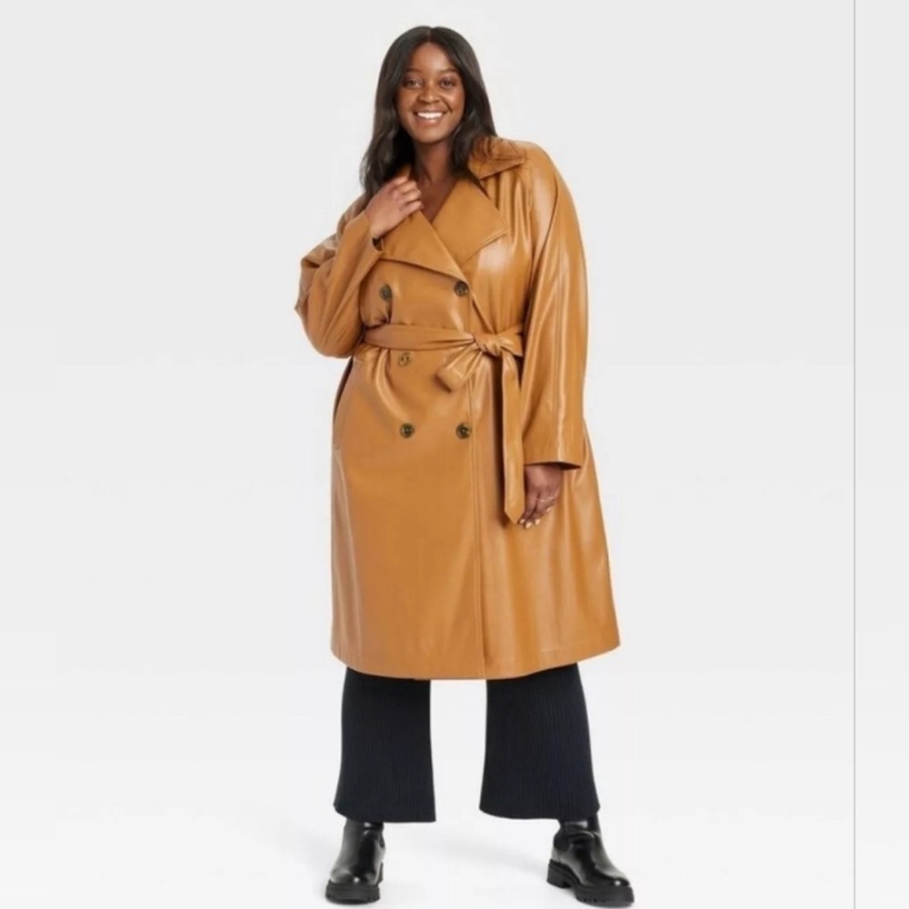 Women's Tan Double-Breasted Vegan Leather Trench Coat